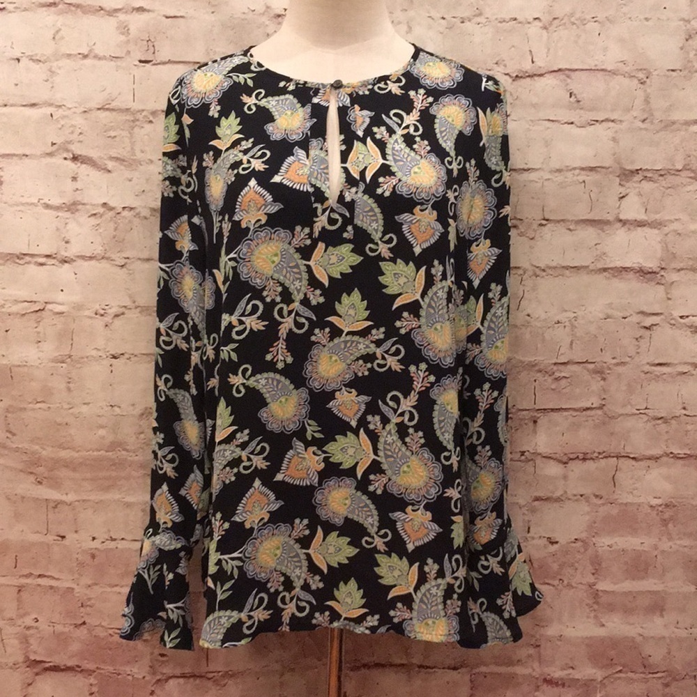 LOFT Navy Blouse Floral Paisley Bell Slv Popover